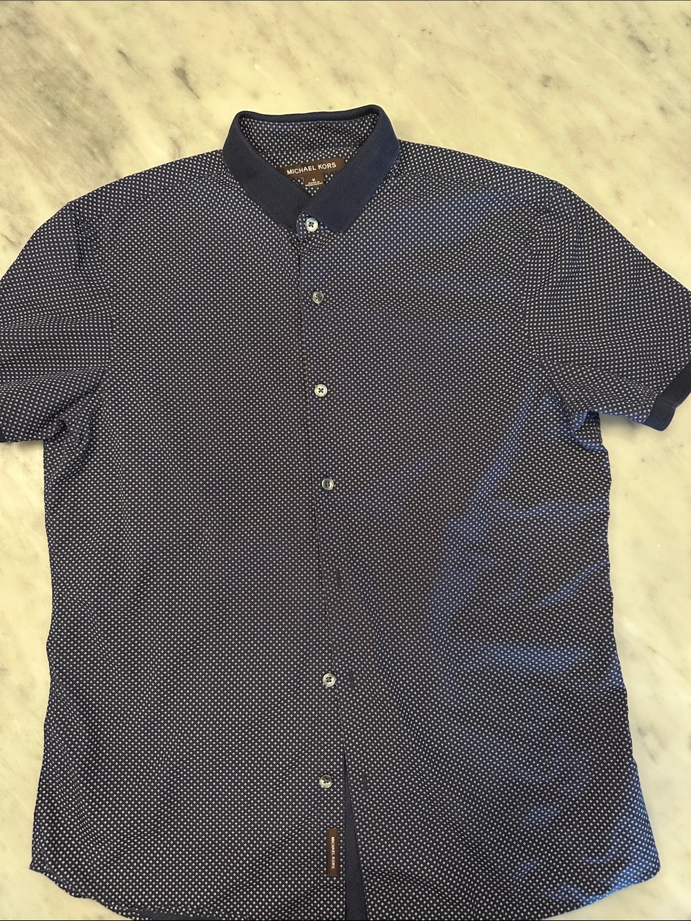 Michael Kors Navy Short-Sleeve Button-Down with White Microdot Print